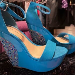 Gianni Bini Blue Wedge Sandals with Rhinestones